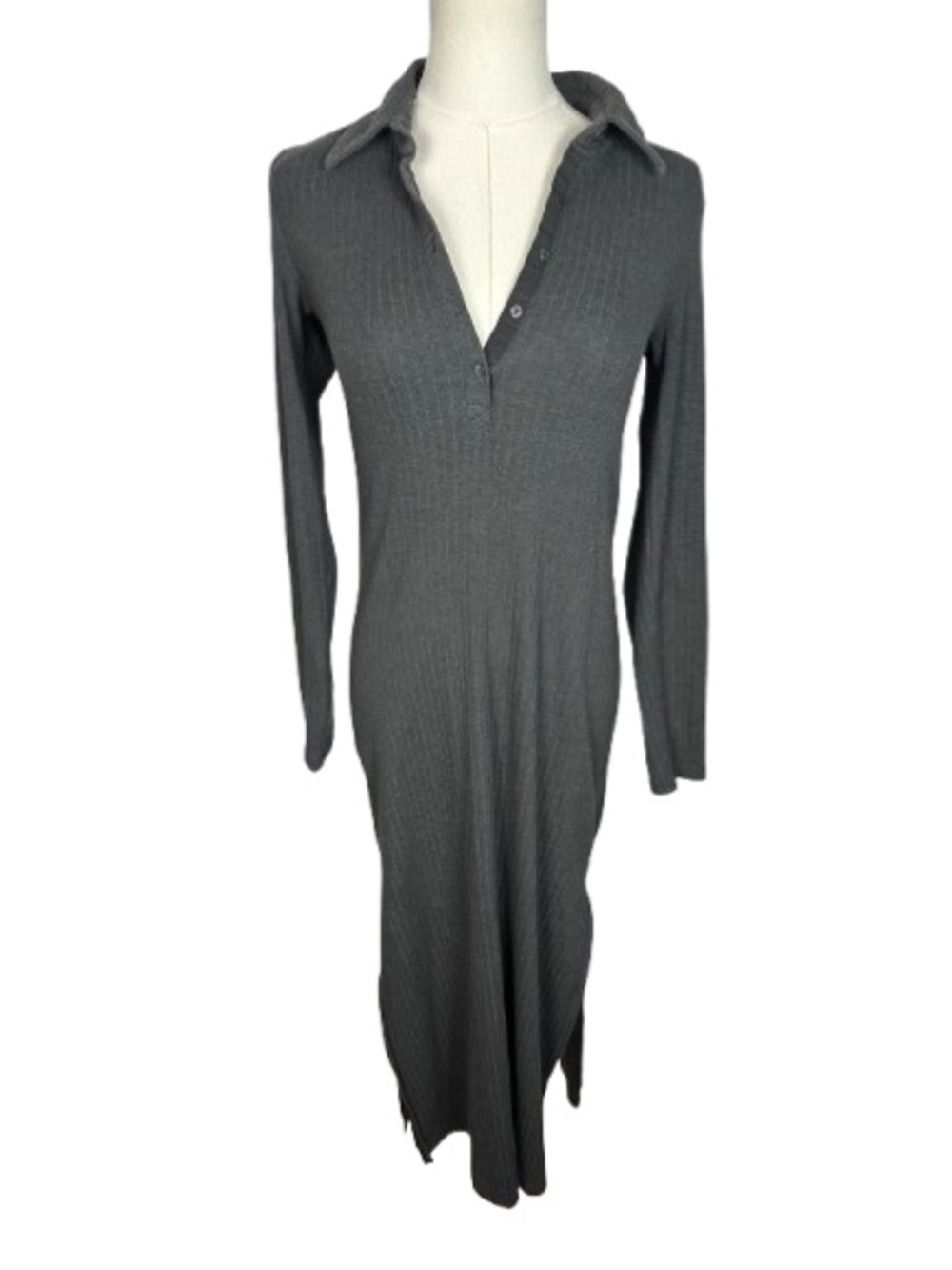 aerie Ribbed Long-Sleeve Polo Maxi Dress - Taupe